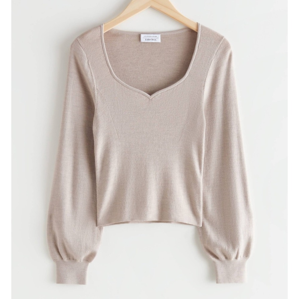 & Other Stories Sweater Womens L Beige Wool Cotton Sweetheart Puff Sleeve Knit